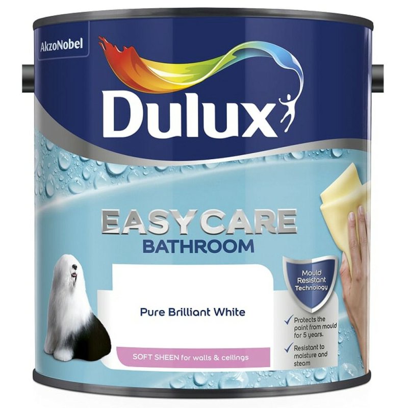2.5L Dulux Brilliant White Easycare Bathroom Soft Sheen Paint Pease